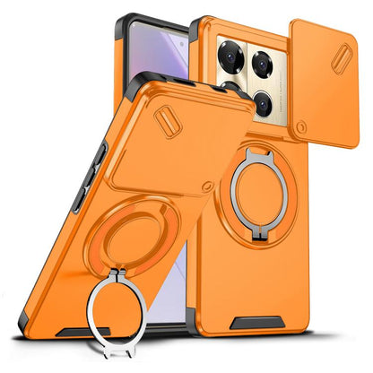 Orange sliding camshield ring holder phone case with ring kickstand and rear camera openings