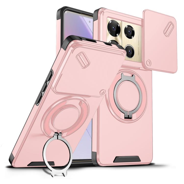 Light pink sliding camshield ring holder phone case with ring kickstand and rear camera openings