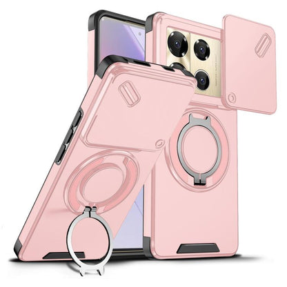 Light pink sliding camshield ring holder phone case with ring kickstand and rear camera openings