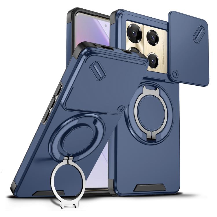 Dark blue phone case with sliding cam shield and rotating ring stand holder