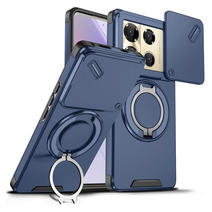 Dark blue phone case with sliding cam shield and rotating ring stand holder