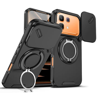 Rugged phone case with sliding camera cover and circular ring stand, black