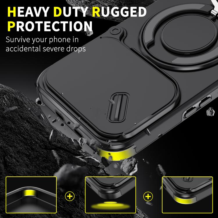 Heavy-duty rugged phone case with circular ring holder, black