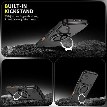 Rugged phone case with built-in kickstand and ring holder, black
