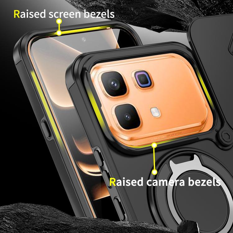 Orange rugged phone case with circular ring stand and protective camera bezel, black