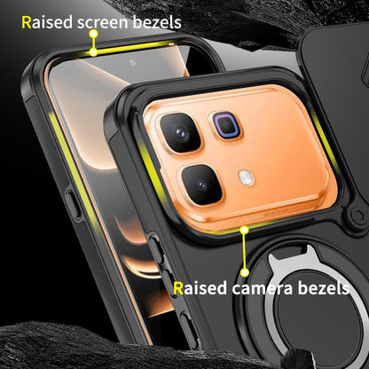 Orange rugged phone case with circular ring stand and protective camera bezel, black