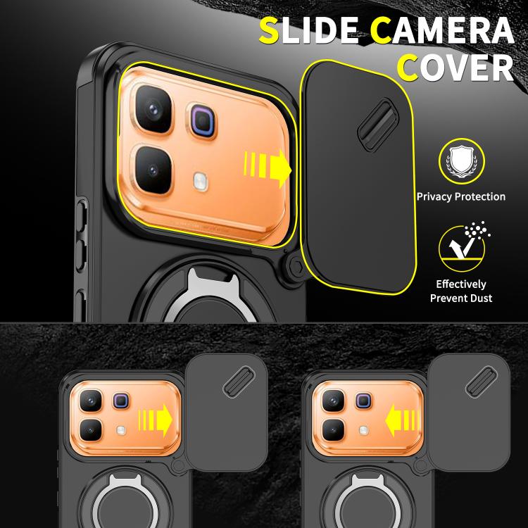 Rugged phone case with sliding camera cover over lenses and ring stand, black