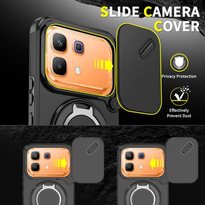 Rugged phone case with sliding camera cover over lenses and ring stand, black