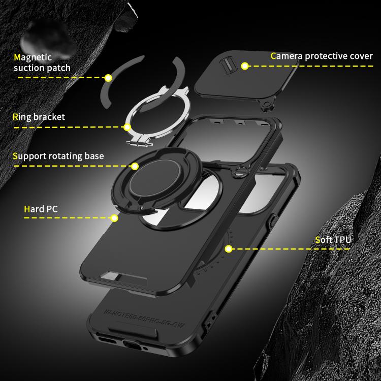 Rugged phone case with ring bracket, rotating base, and camera protective cover
