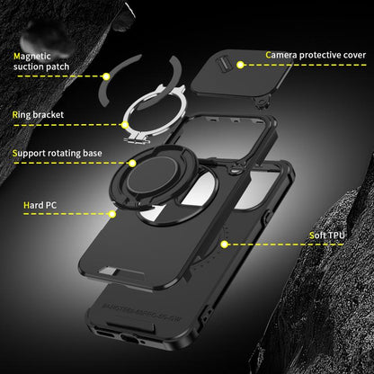 Rugged phone case with ring bracket, rotating base, and camera protective cover