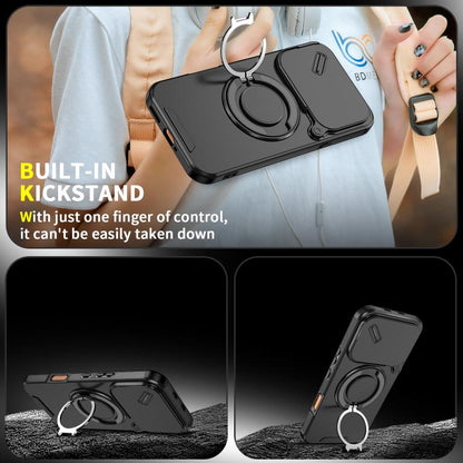 Rugged phone case with built-in kickstand and circular ring stand, black