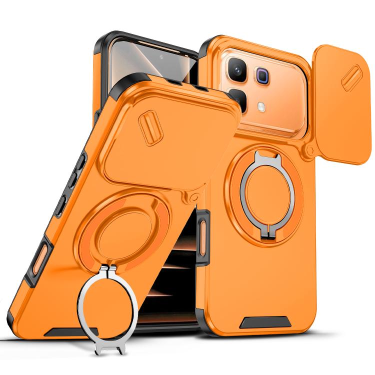 Orange sliding camshield ring holder phone case with kickstand ring and camera cutouts