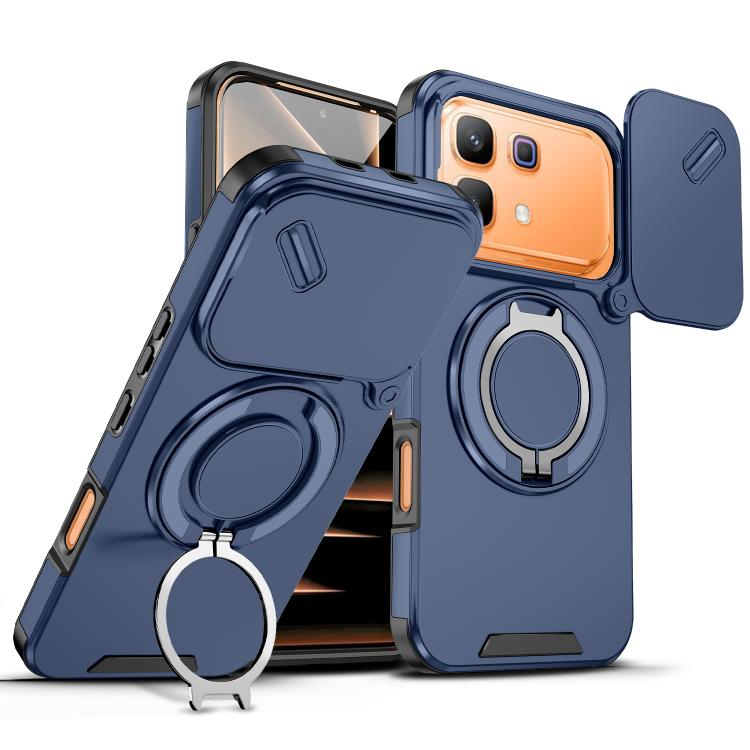 Blue sliding camshield ring holder phone case with kickstand ring and camera cutouts