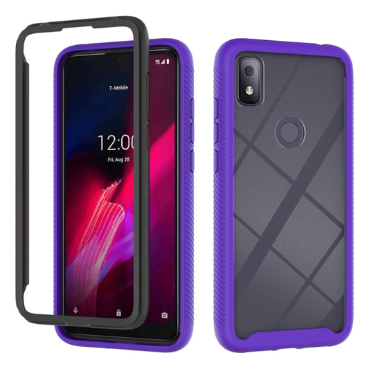 Purple shockproof phone case with raised camera edge, front and back view