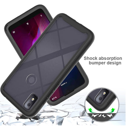 Gray shockproof phone case with textured bumper and camera cutouts, angled front and back