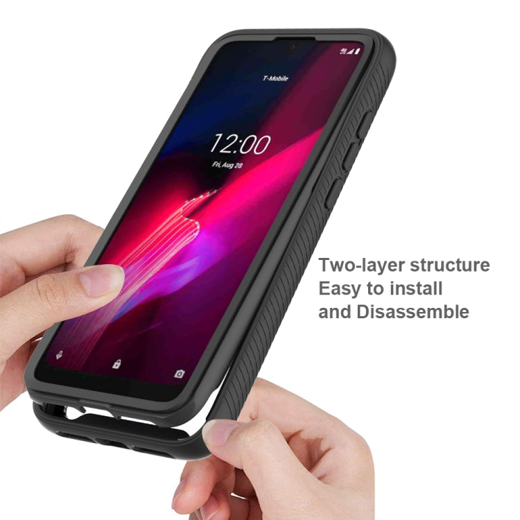 Black shockproof phone case with textured sides, shown during installation