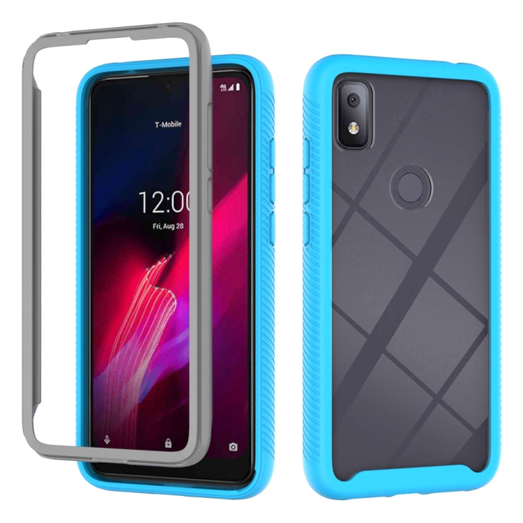 Baby blue shockproof phone case with raised camera edge, front and back view