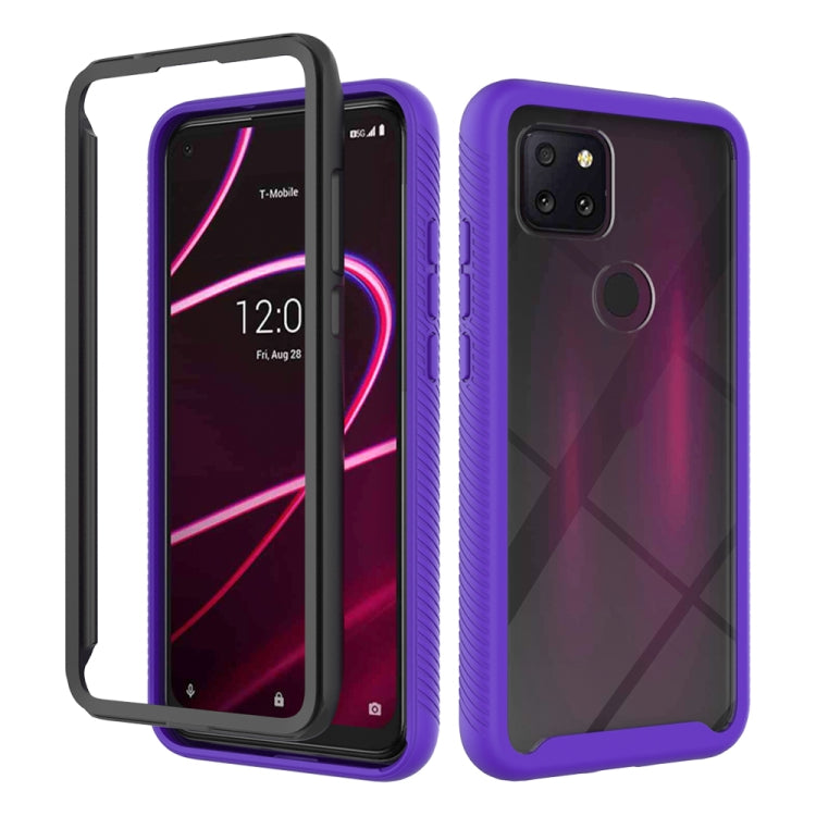 Purple shockproof PC+TPU case with textured grip sides and camera cutout
