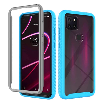Baby blue shockproof PC+TPU case with textured grip sides and camera cutout