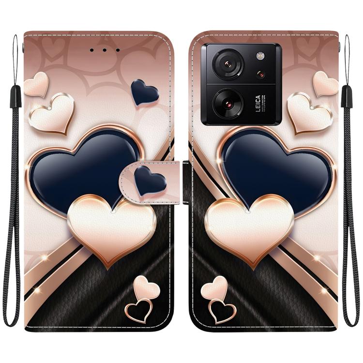 Phone case with heart-themed faux leather design, matching wrist strap, dual cutouts.