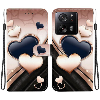 Phone case with heart-themed faux leather design, matching wrist strap, dual cutouts.