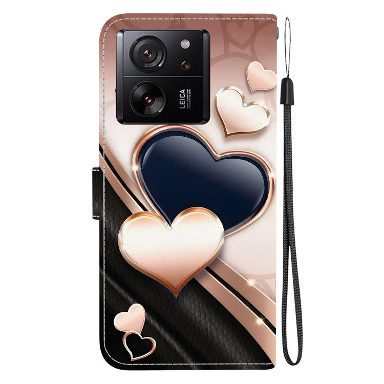 Phone case with heart-themed faux leather look, camera cutout, wrist strap attached.