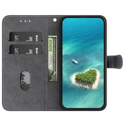 Faux leather phone wallet case with dark card slots and side wrist strap, landscape window.