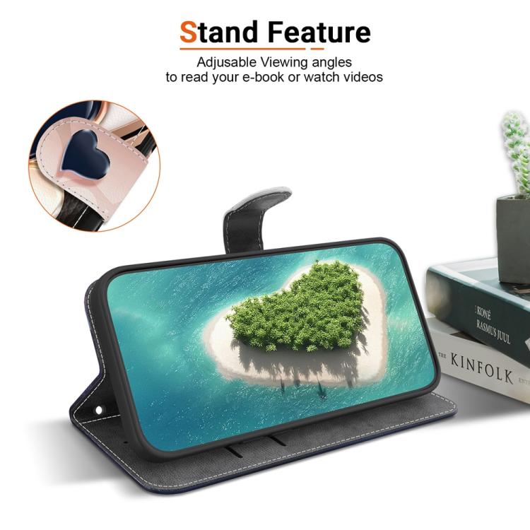Phone wallet case showing stand angle and ocean scene screen view, with wrist strap.