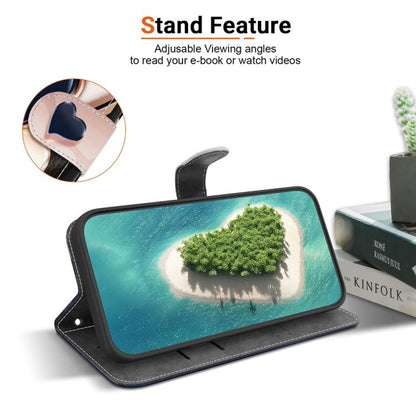 Phone wallet case showing stand angle and ocean scene screen view, with wrist strap.