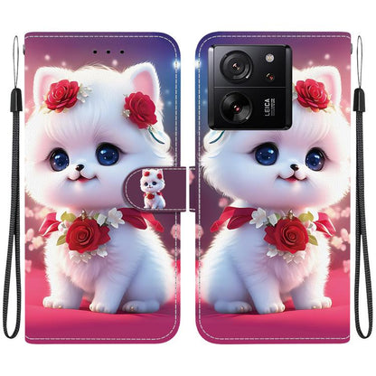 Cute kitten phone case with rose flowers, folio design, and wrist strap.