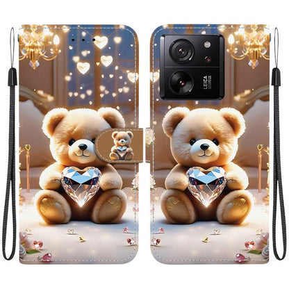 Leather-style phone case with teddy bear holding diamond heart; camera cutout; wrist strap.