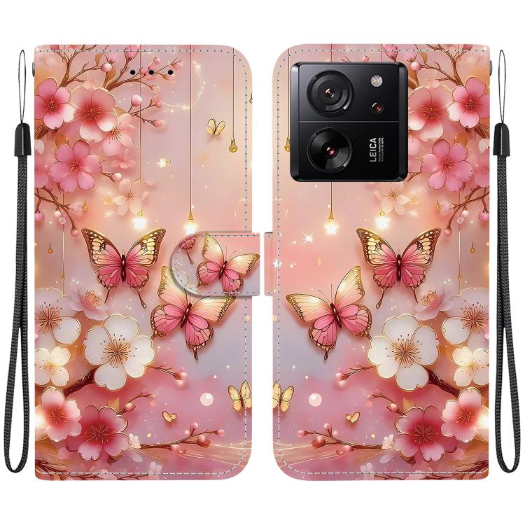 Leather-style phone case with pink blossoms and butterflies; camera cutout; wrist strap.