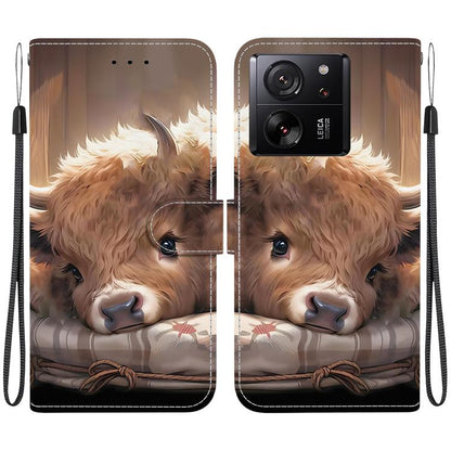 Leather-style phone case with brown dog portrait; camera cutout; wrist strap.