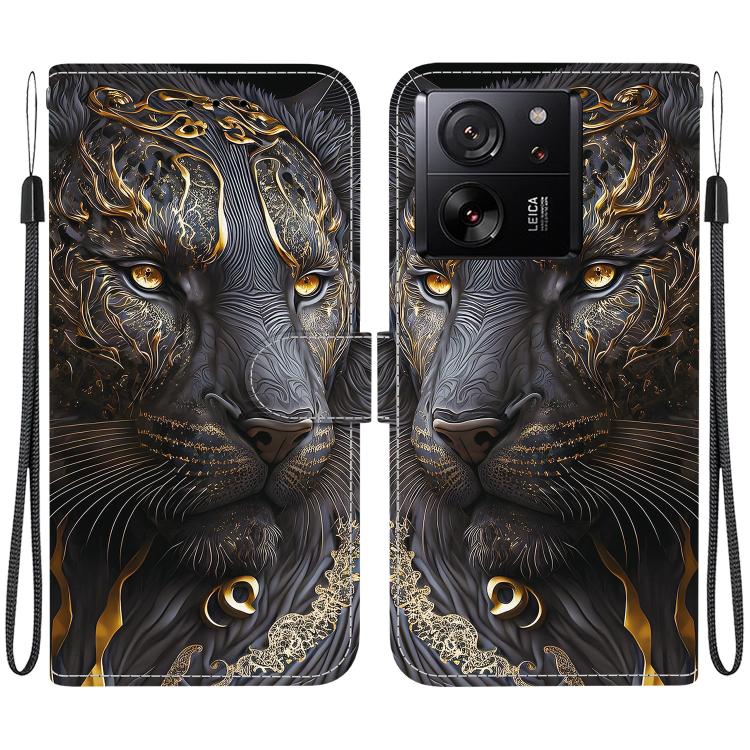 Leather-style phone case with black and gold lion face; camera cutout; wrist strap.