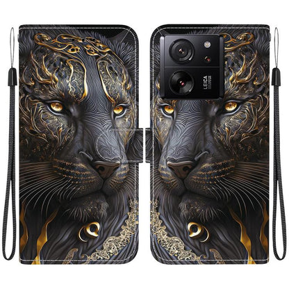 Leather-style phone case with black and gold lion face; camera cutout; wrist strap.