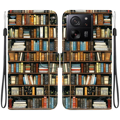 Leather-style phone case with bookshelf scene of stacked books; camera cutout; wrist strap.