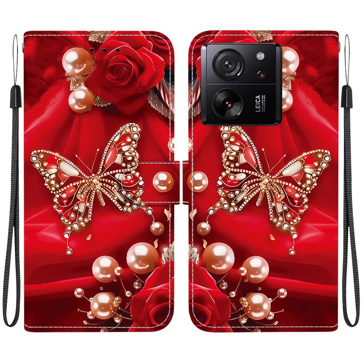 Leather-style phone case with red rose and pearl bead design; camera cutout; wrist strap.