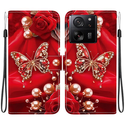 Leather-style phone case with red rose and pearl bead design; camera cutout; wrist strap.
