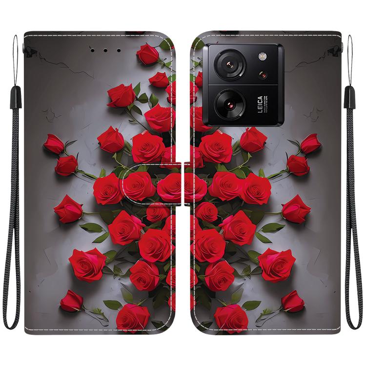 Leather-style phone case with red rose pattern; camera cutout; wrist strap.