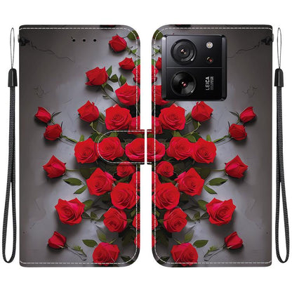 Leather-style phone case with red rose pattern; camera cutout; wrist strap.