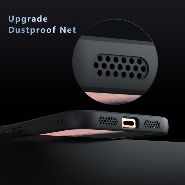 Black phone case with port cutouts and perforated dustproof net detail