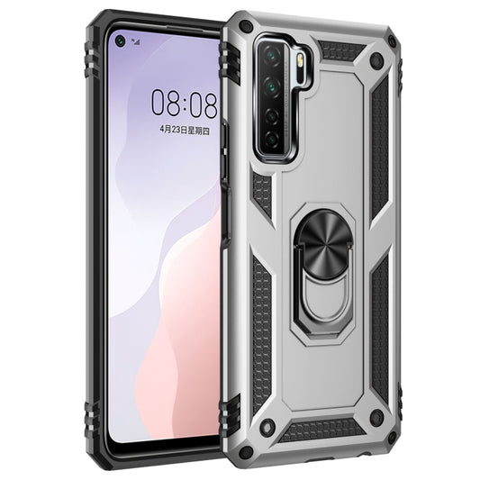 Silver rugged phone case with metal ring kickstand and camera cutout.