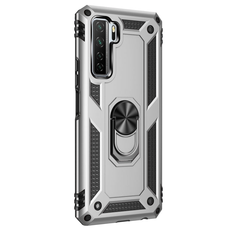 Silver rugged protective phone case with large metal ring kickstand on back.
