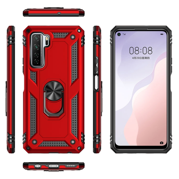 Red rugged phone case with metal ring kickstand, showing front, back, and side views.