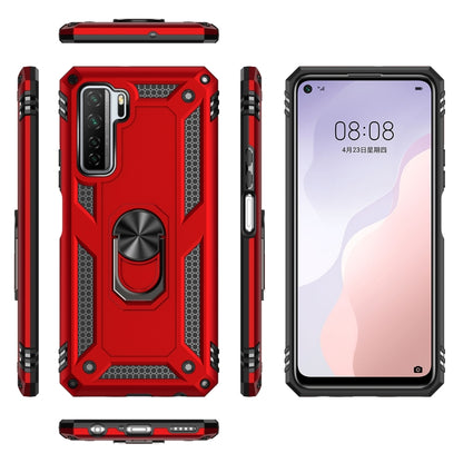Red rugged phone case with metal ring kickstand, showing front, back, and side views.