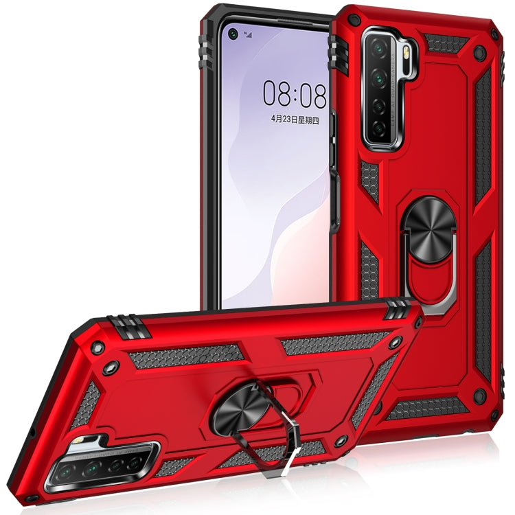 Red rugged phone case with metal ring kickstand, camera cutout, and raised edges.