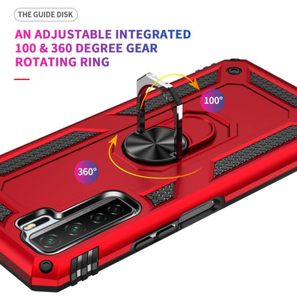 Red rugged phone case back with rotating metal ring kickstand and textured grip panels.