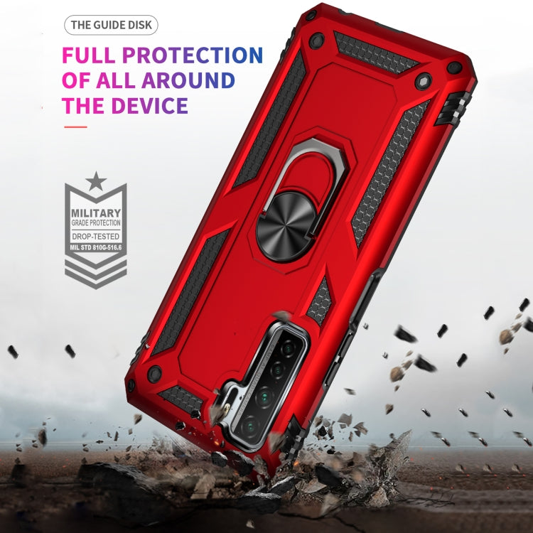 Red rugged protective phone case with metal ring kickstand and dual-layer bumper design.