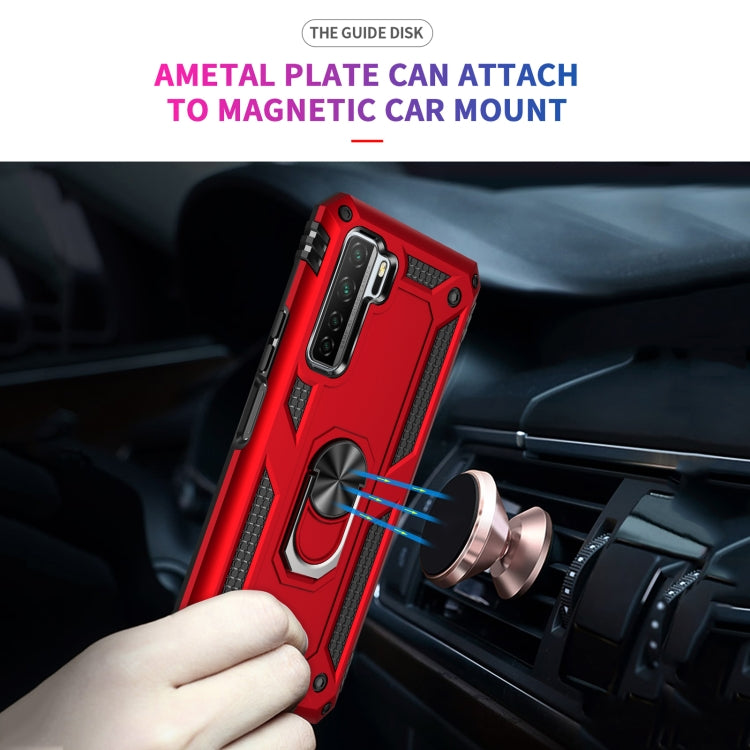 Red phone case with metal ring and attachable plate for magnetic car mount.