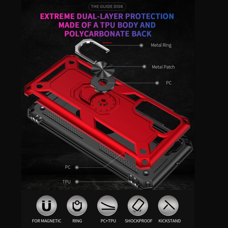 Red rugged phone case with metal ring, TPU sides, and PC back for protection.